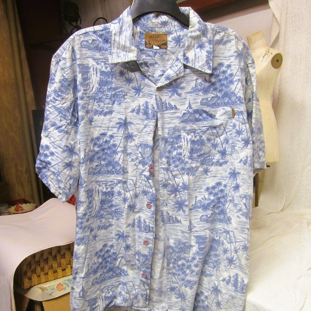 BULLHEAD HAWAIIN SHIRT, CREAM & BLUE ISLAND SCENES, MENS XL
